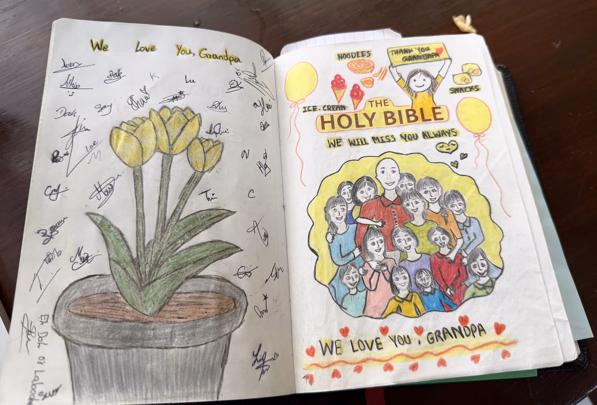A drawing the girls made inside Grandpa Glenn's Bible